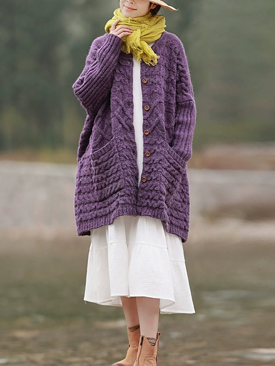 Plus Size Women Autumn Artsy Solid O-neck Cable Knit Sweater Coat Main image