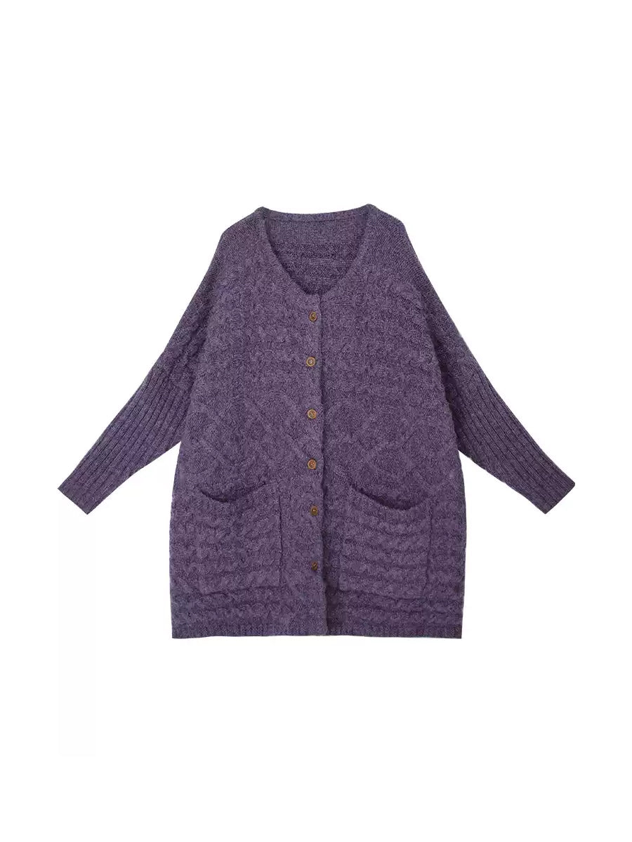 Plus Size Women Autumn Artsy Solid O-neck Cable Knit Sweater Coat