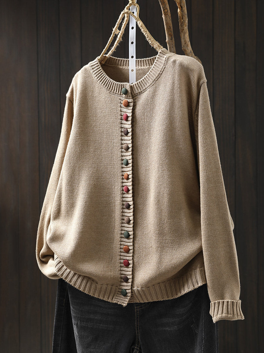 Plus Size Women Autumn Artsy Colorful Button O-Neck Knit Sweater