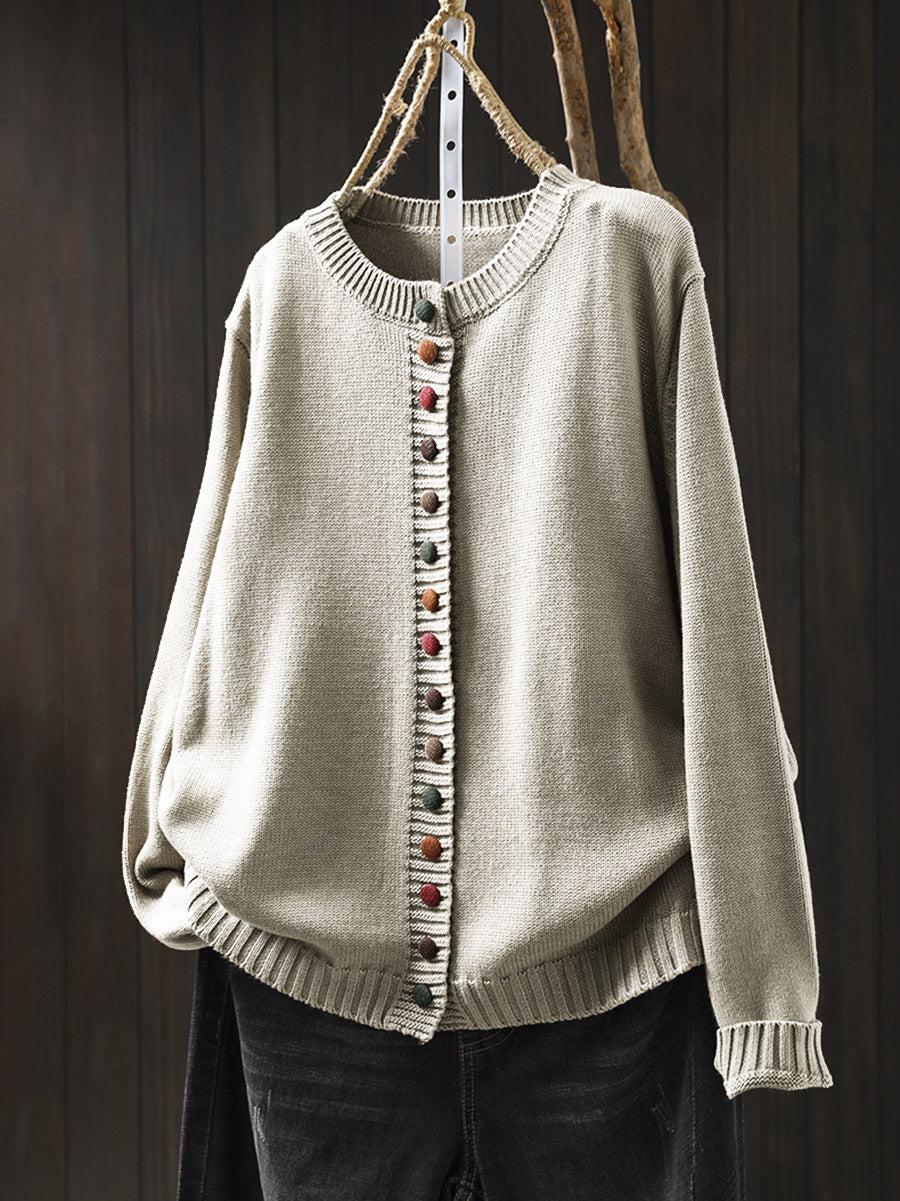 Plus Size Women Autumn Artsy Colorful Button O-Neck Knit Sweater