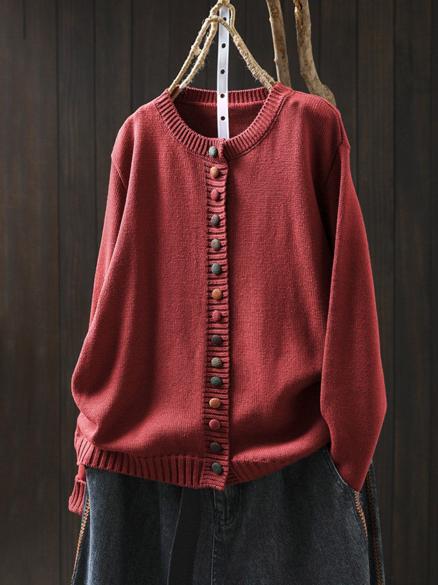 Plus Size Women Autumn Artsy Colorful Button O-Neck Knit Sweater