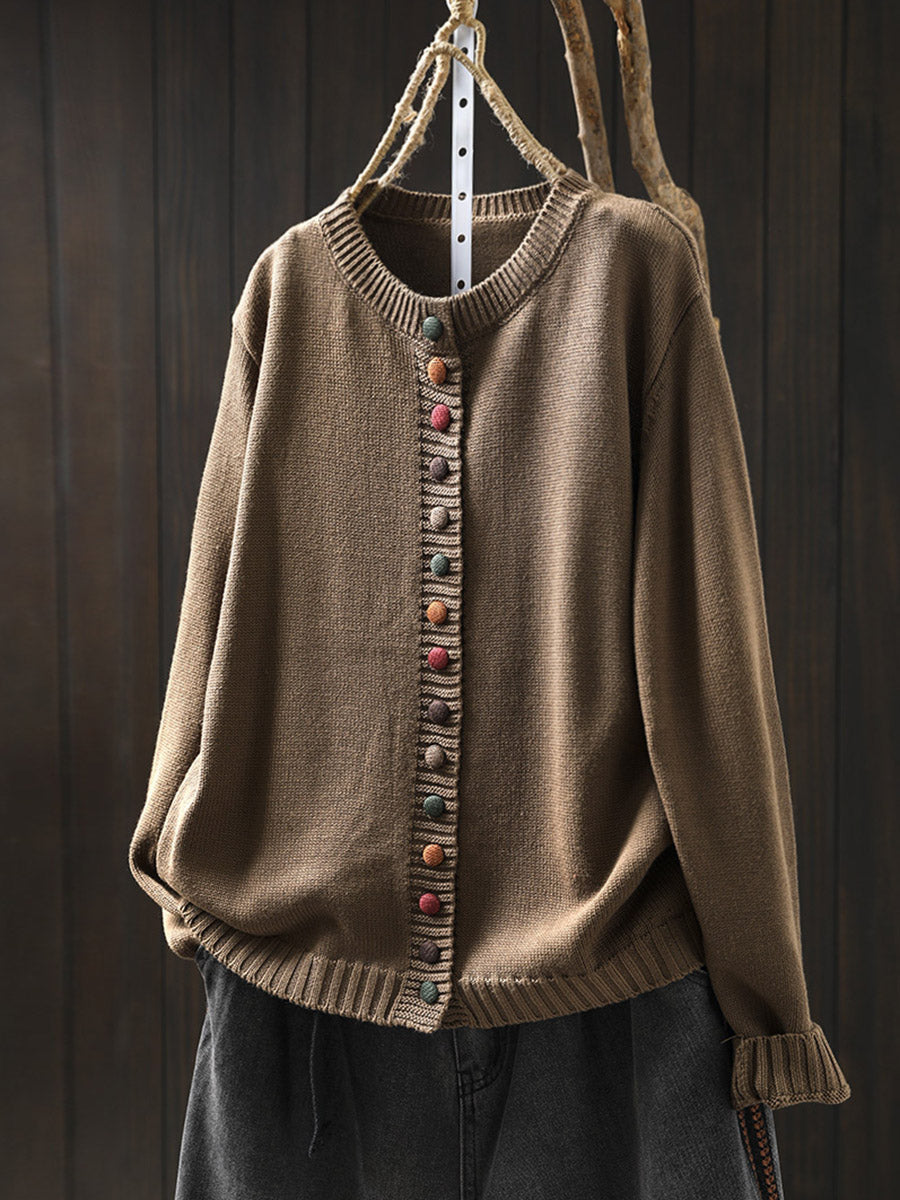 Plus Size Women Autumn Artsy Colorful Button O-Neck Knit Sweater