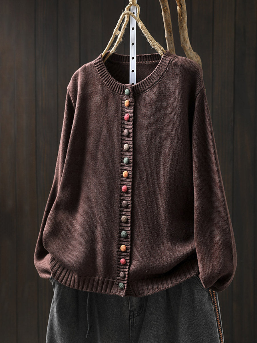 Plus Size Women Autumn Artsy Colorful Button O-Neck Knit Sweater