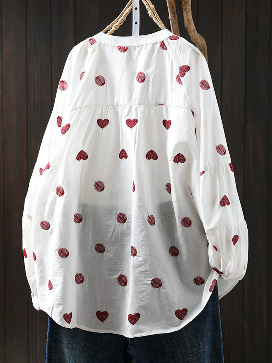 Plus Size Women Artsy Heart Dot Embroidery Shirt