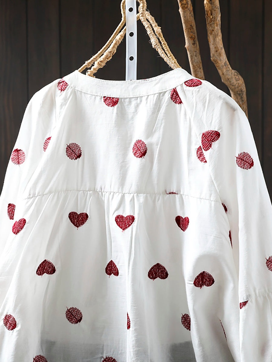 Plus Size Women Artsy Heart Dot Embroidery Shirt