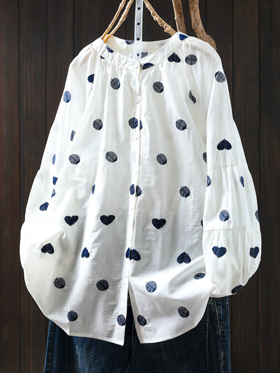 Plus Size Women Artsy Heart Dot Embroidery Shirt