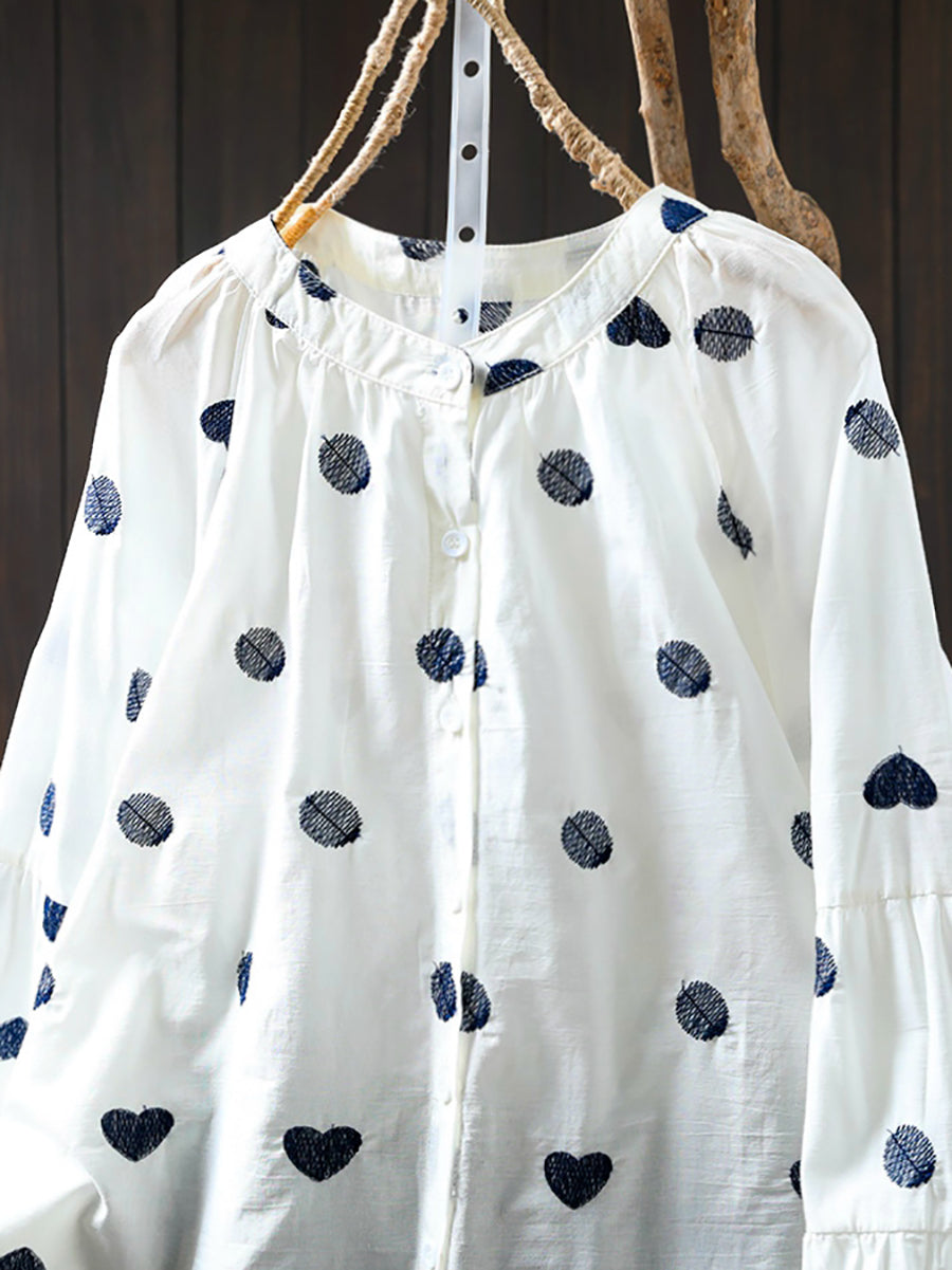 Plus Size Women Artsy Heart Dot Embroidery Shirt