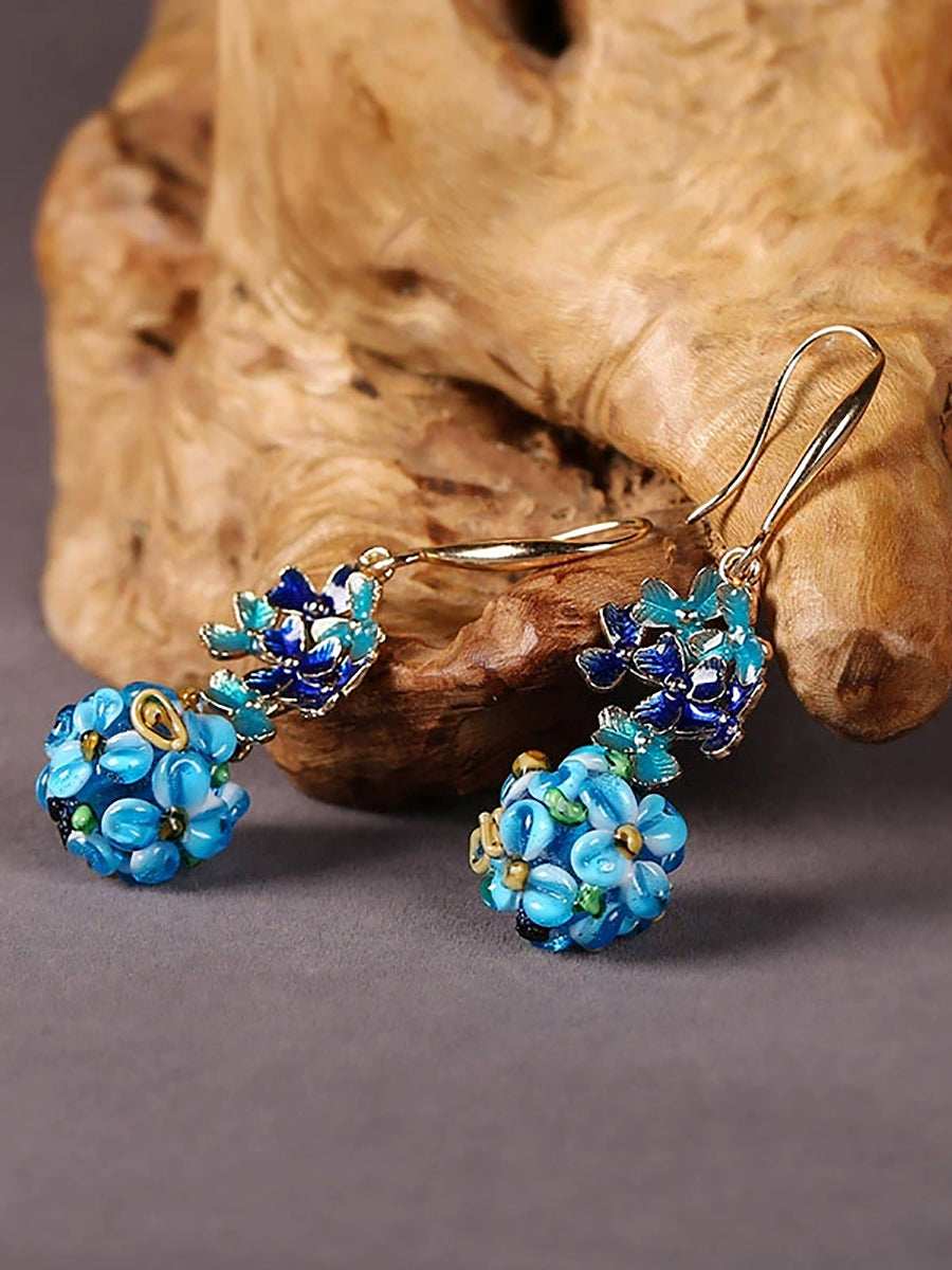 Ethnic Blue Cloisonne Ball-flower Silver Earrings Secondary image