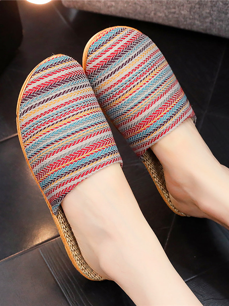 Couple Vintage Colorful Stripe Linen Slippers