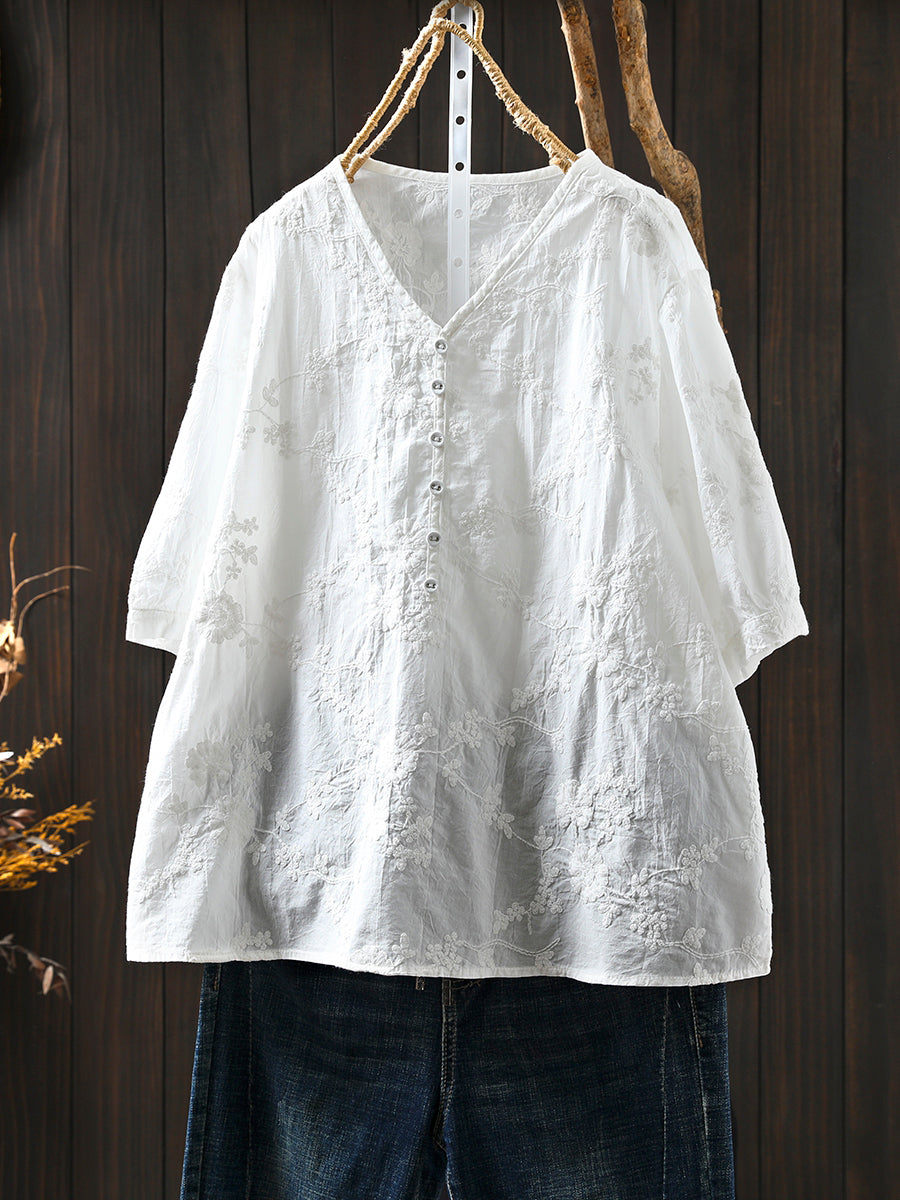 Plus Size Women Artsy Embroidery V-Neck 100%Cotton Shirt