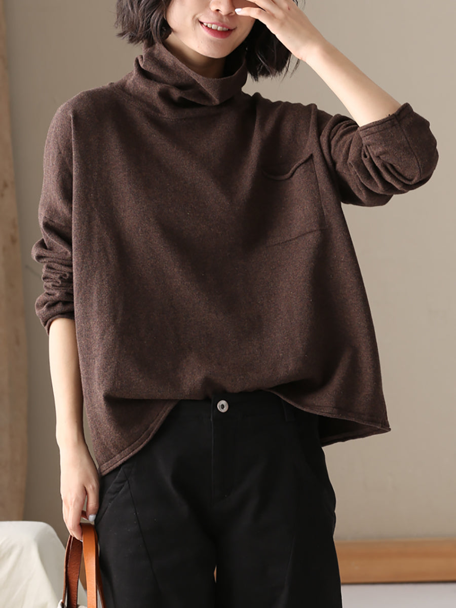 Plus Size  Women Autumn Casual Pure Color Cotton Turtleneck Shirt