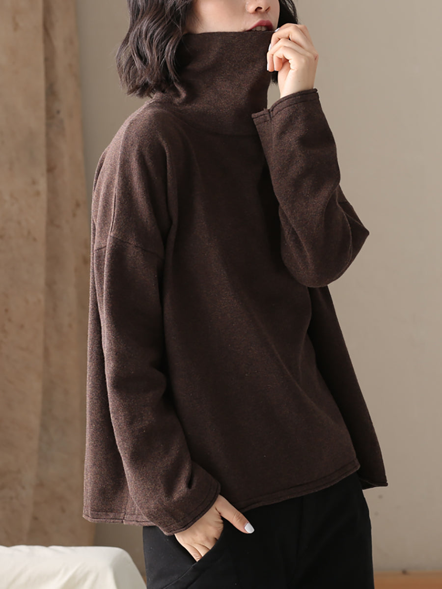 Plus Size  Women Autumn Casual Pure Color Cotton Turtleneck Shirt