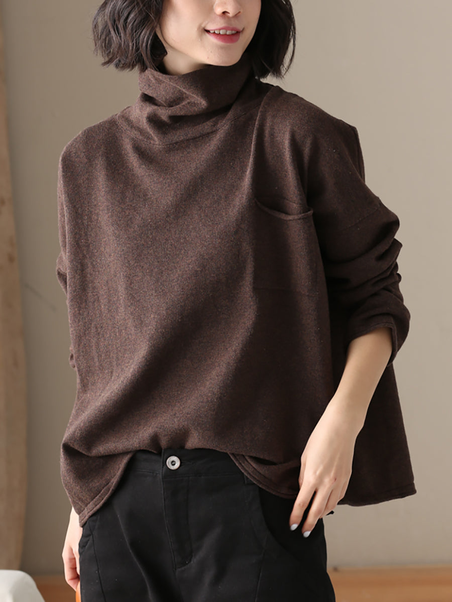 Plus Size  Women Autumn Casual Pure Color Cotton Turtleneck Shirt