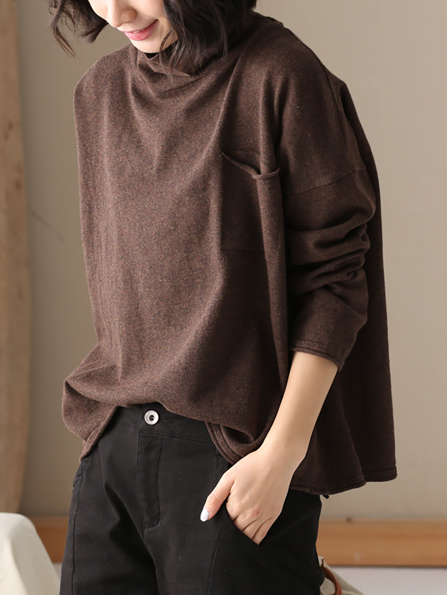 Plus Size  Women Autumn Casual Pure Color Cotton Turtleneck Shirt