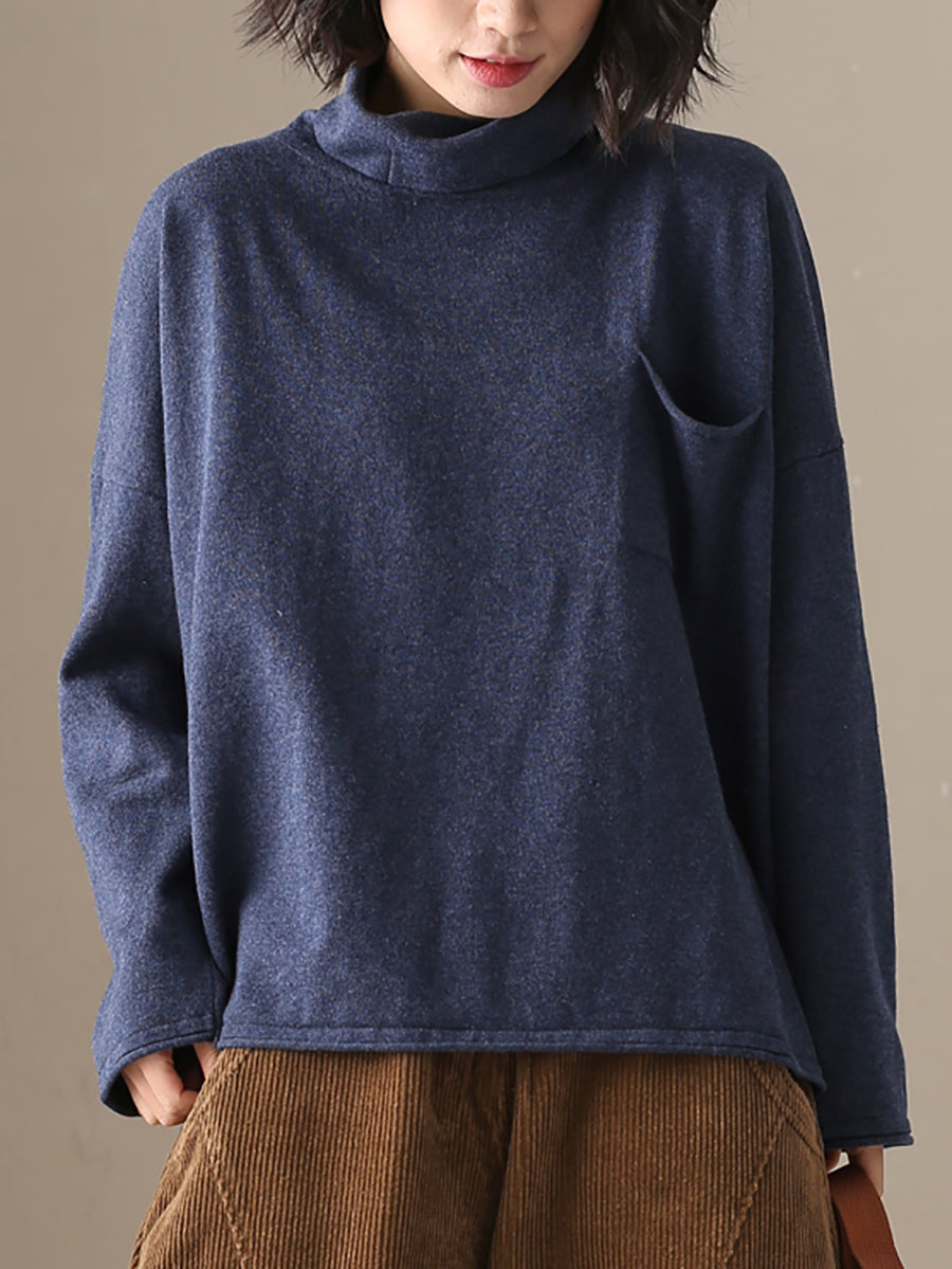Plus Size  Women Autumn Casual Pure Color Cotton Turtleneck Shirt