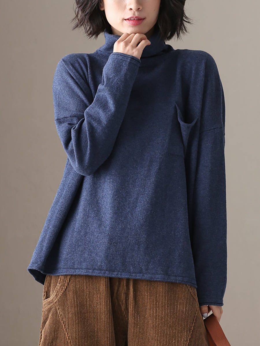 Plus Size  Women Autumn Casual Pure Color Cotton Turtleneck Shirt