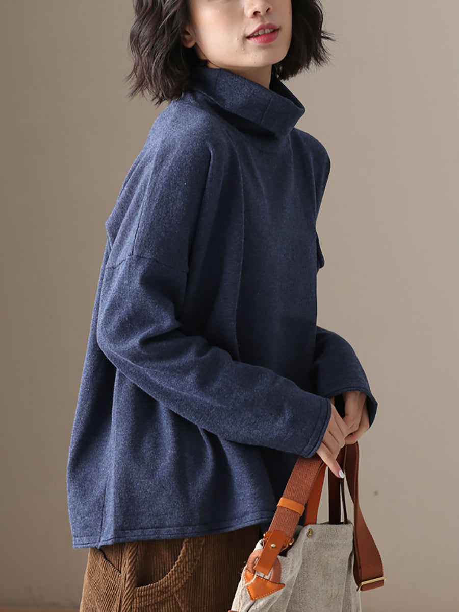 Plus Size  Women Autumn Casual Pure Color Cotton Turtleneck Shirt