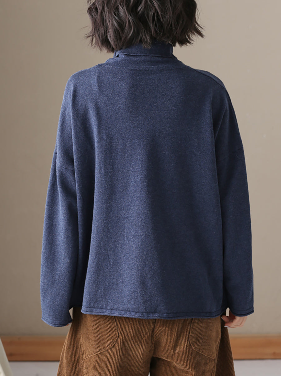 Plus Size  Women Autumn Casual Pure Color Cotton Turtleneck Shirt