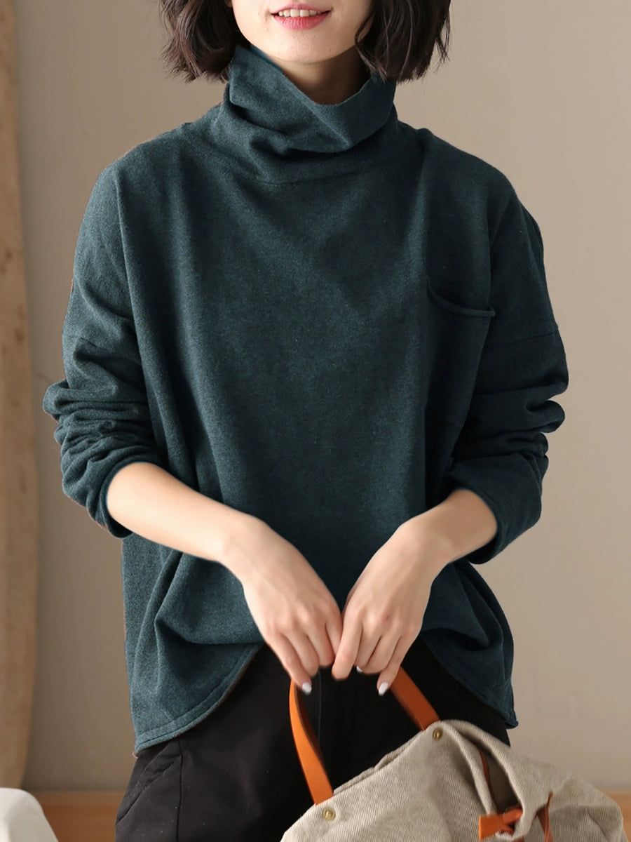 Plus Size  Women Autumn Casual Pure Color Cotton Turtleneck Shirt