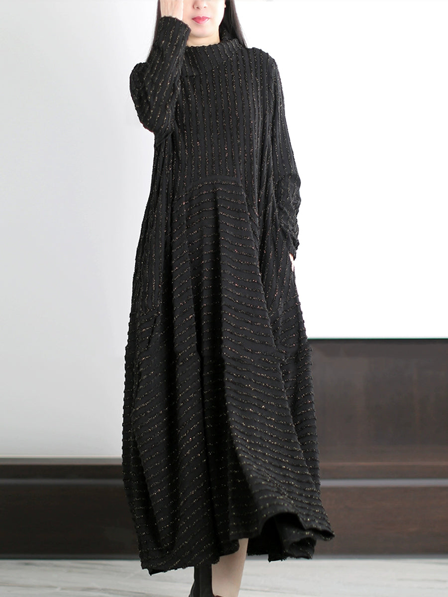 Plus Size Women Autumn Artsy Stripe O-Neck Maxi Dress Main image