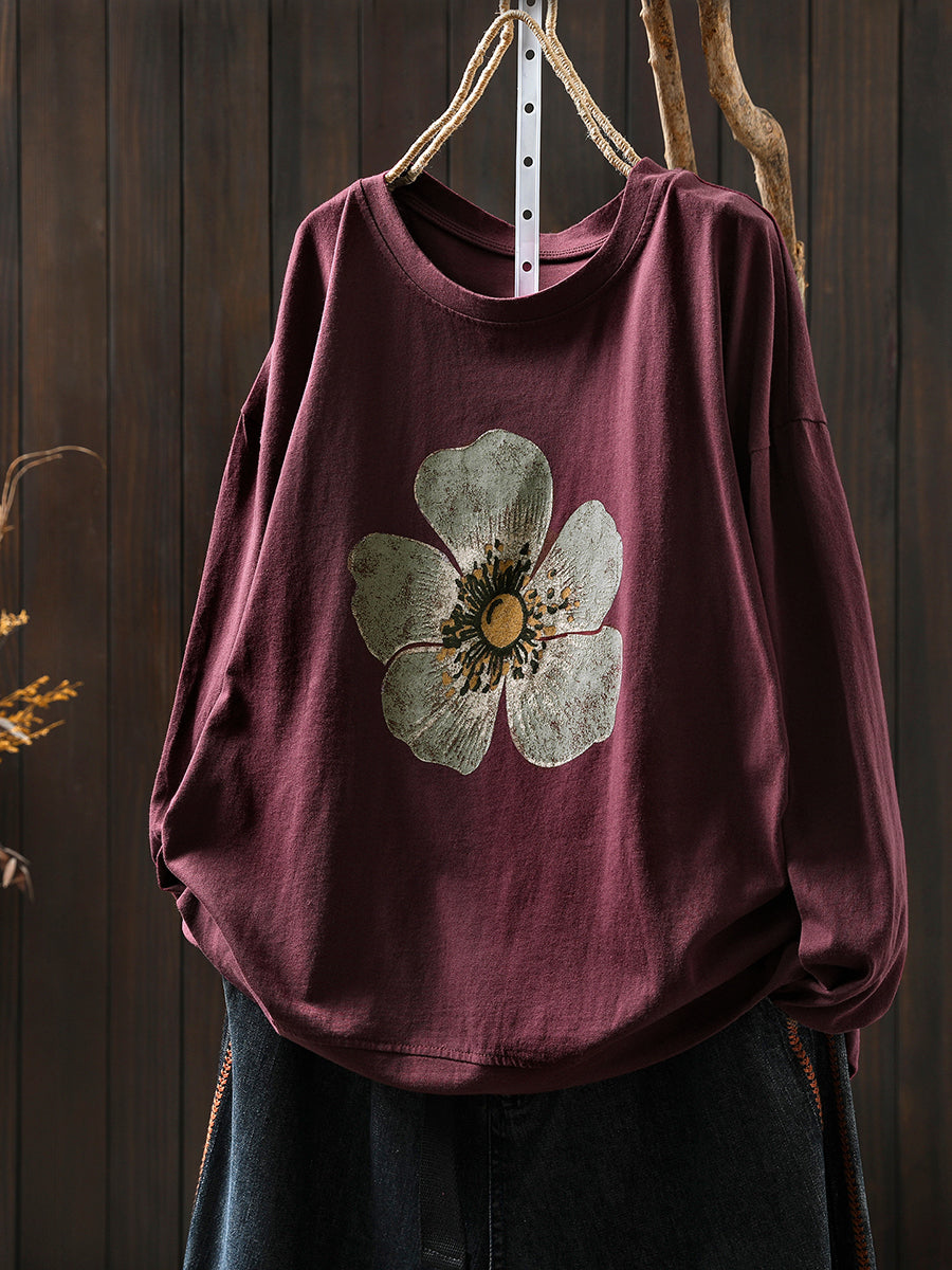 Plus Size Women Autumn Artsy Flower O-Neck Cotton Blouse