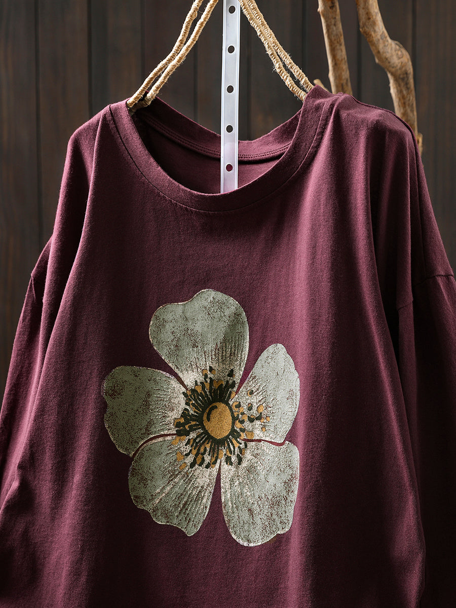 Plus Size Women Autumn Artsy Flower O-Neck Cotton Blouse