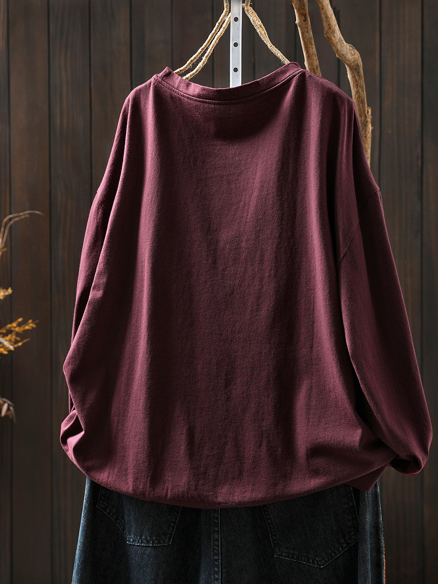 Plus Size Women Autumn Artsy Flower O-Neck Cotton Blouse