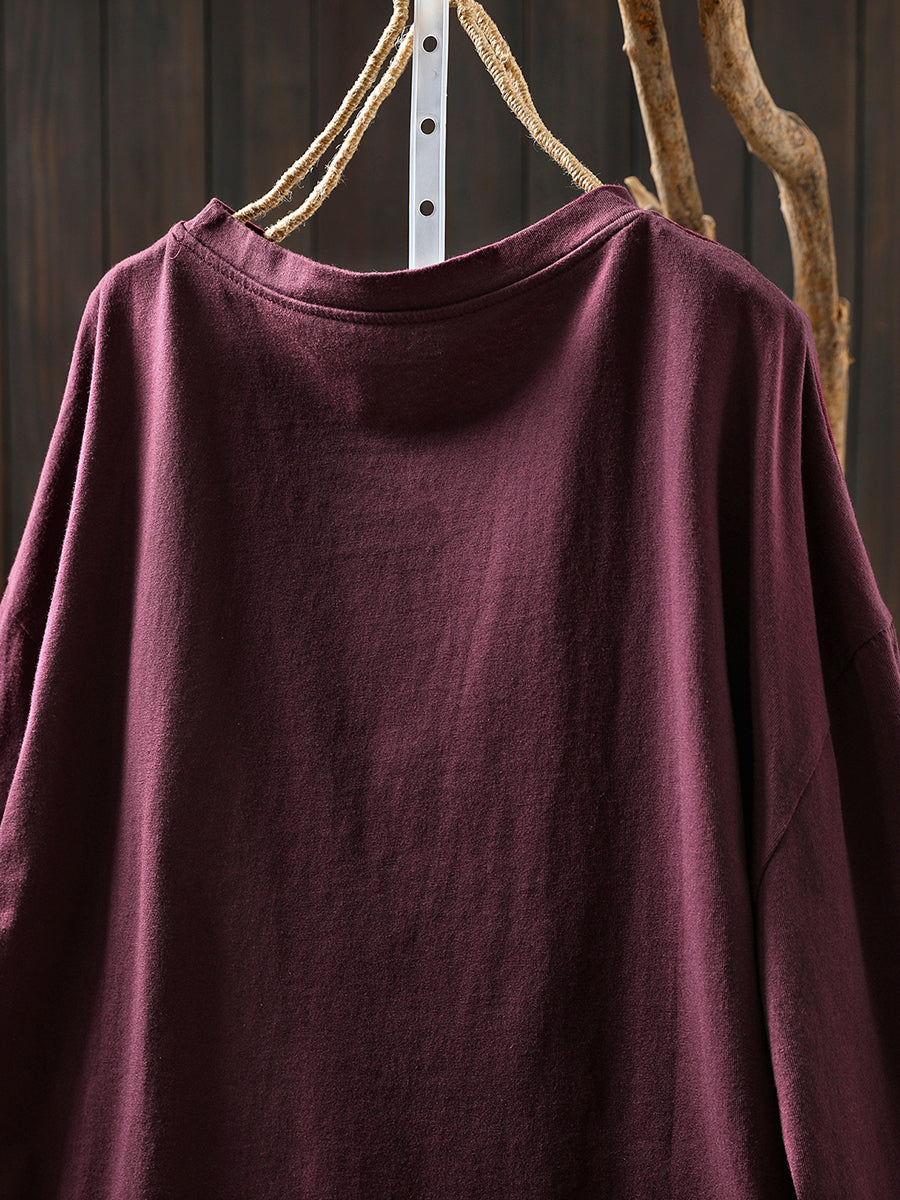 Plus Size Women Autumn Artsy Flower O-Neck Cotton Blouse