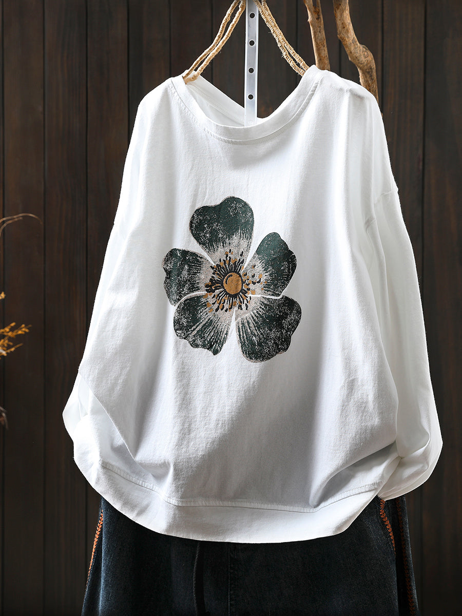 Plus Size Women Autumn Artsy Flower O-Neck Cotton Blouse Secondary image