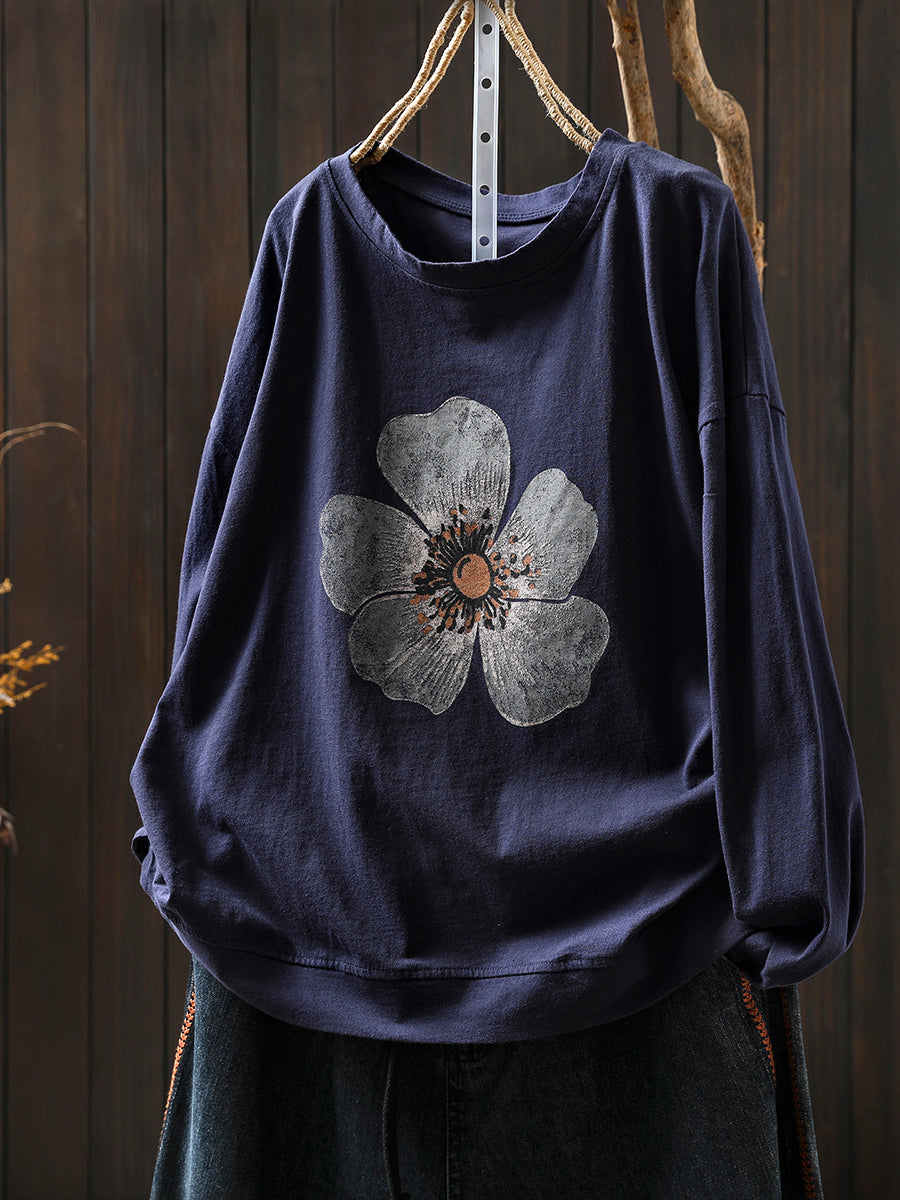 Plus Size Women Autumn Artsy Flower O-Neck Cotton Blouse