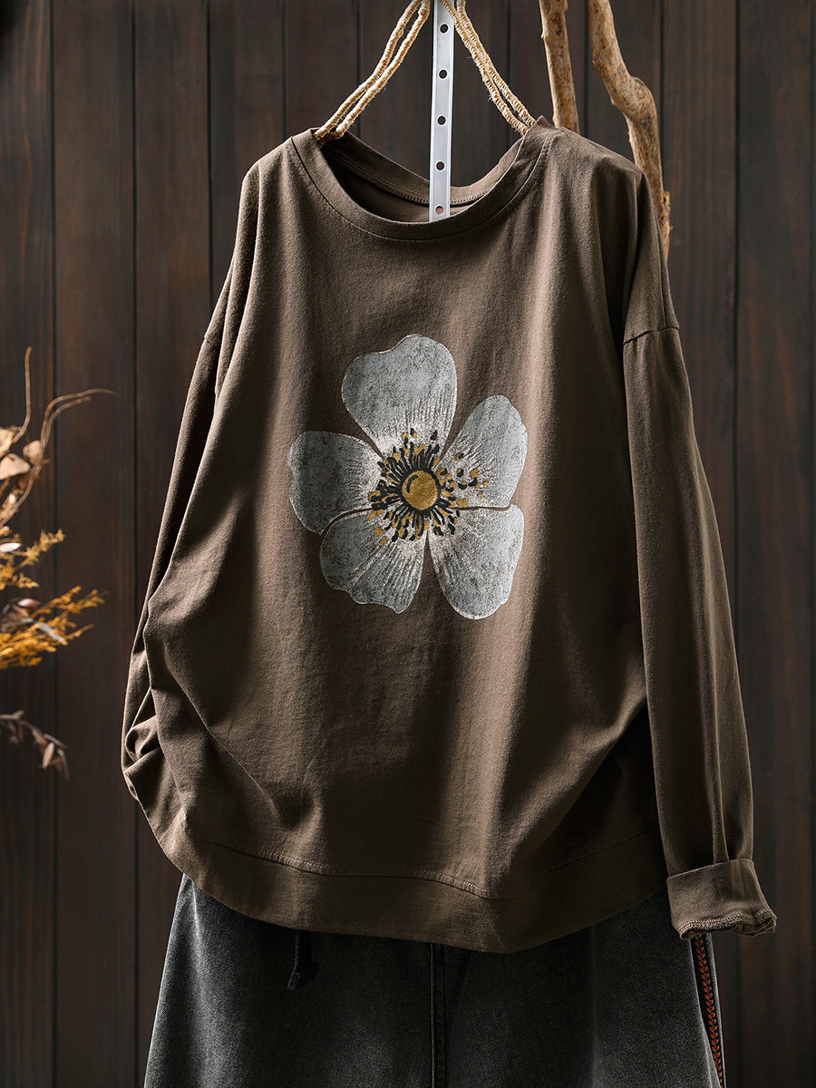 Plus Size Women Autumn Artsy Flower O-Neck Cotton Blouse