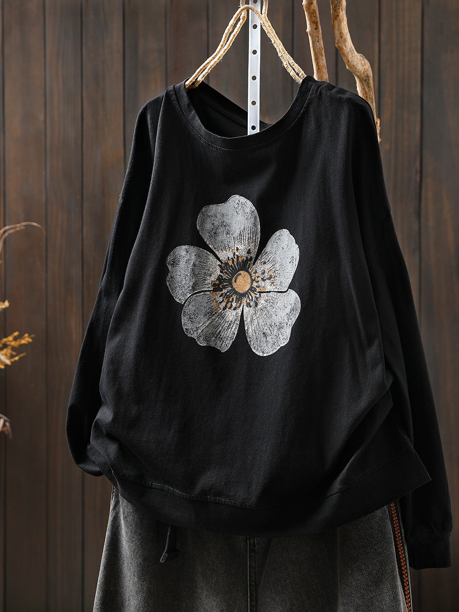 Plus Size Women Autumn Artsy Flower O-Neck Cotton Blouse
