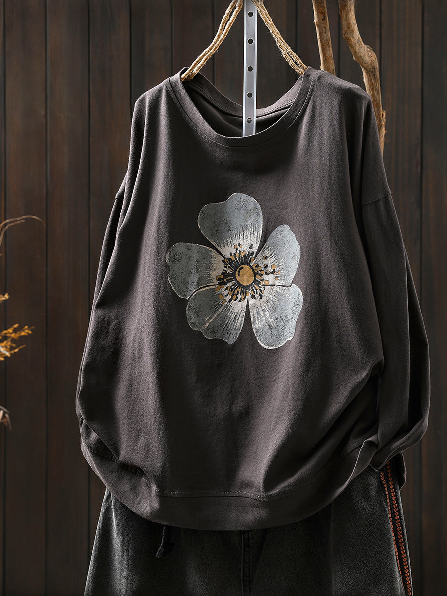 Plus Size Women Autumn Artsy Flower O-Neck Cotton Blouse