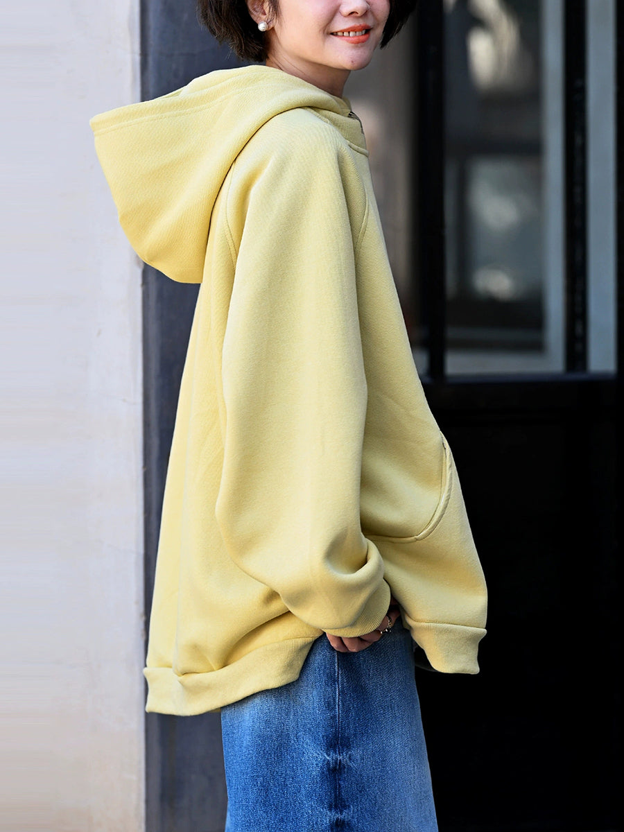 Plus Size Women Autumn Casual Pure Color Cotton Hoodie