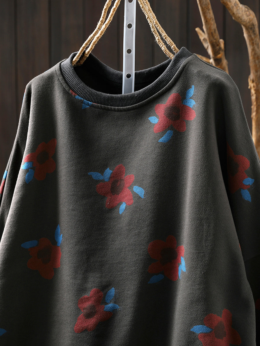 Plus Size Women Autumn Artsy Flower O-Neck Cotton Blouse