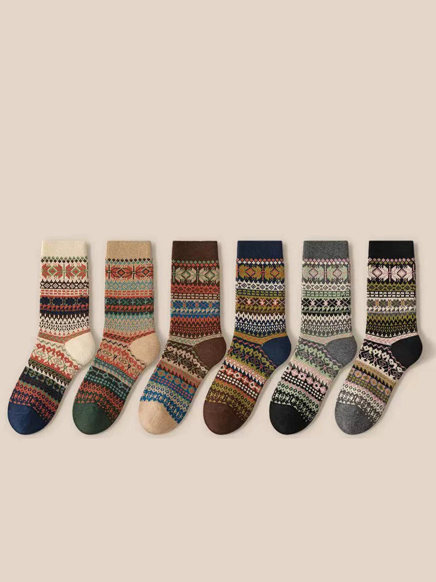 6 Pairs Women Vintage Winter Stripe Cotton Socks