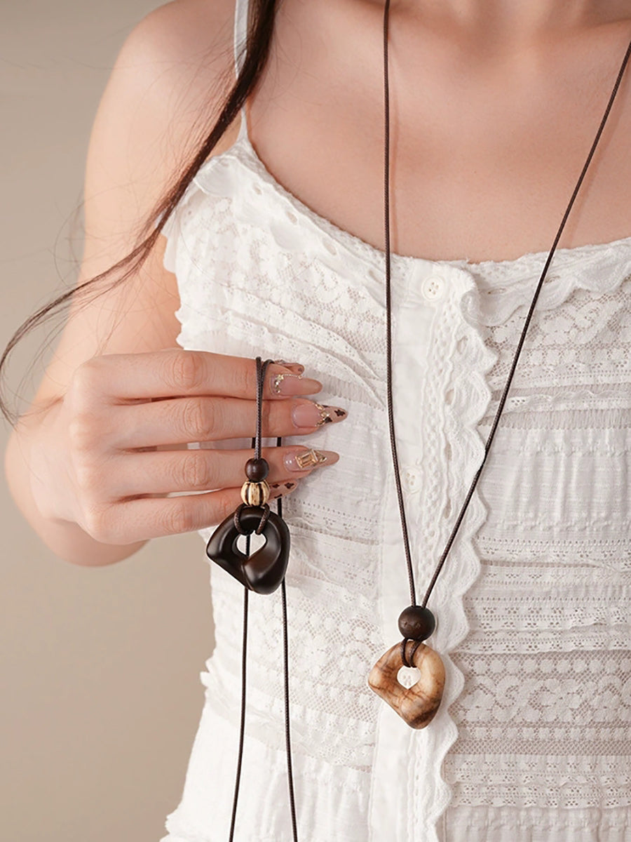 Irregular Geometric Wood Bead Resin Pendant Necklace