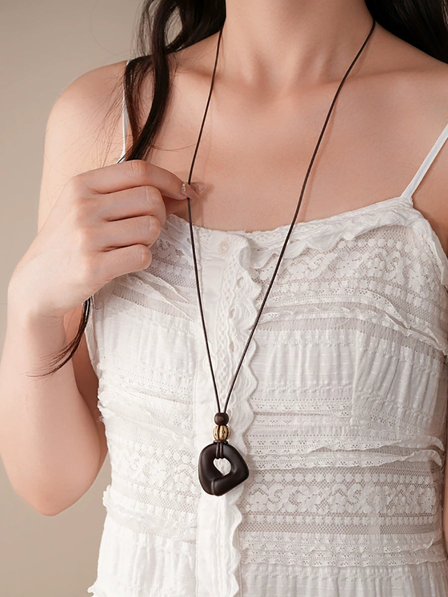 Irregular Geometric Wood Bead Resin Pendant Necklace
