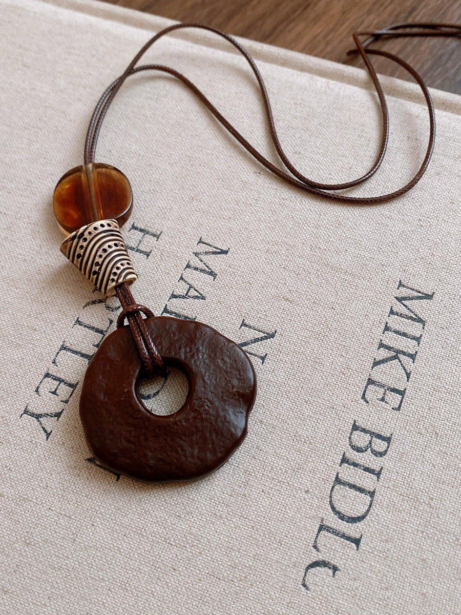 Irregular Geometric Wood Bead Resin Pendant Necklace