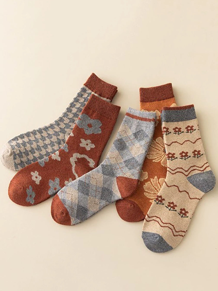 5 Pairs Women Vintage Flower Warm Socks