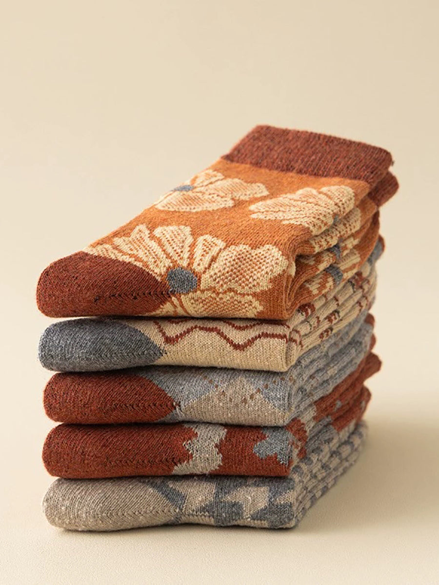 5 Pairs Women Vintage Flower Warm Socks