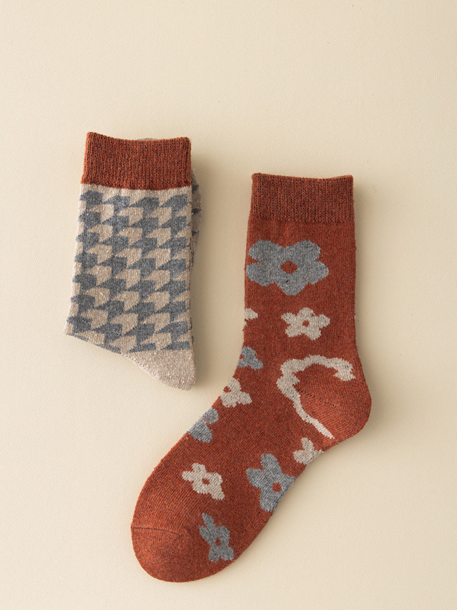 5 Pairs Women Vintage Flower Warm Socks