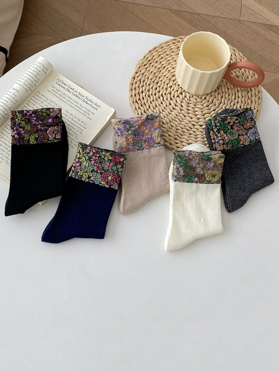 5 Pairs Women Vintage Winter Flower Jacquard Socks