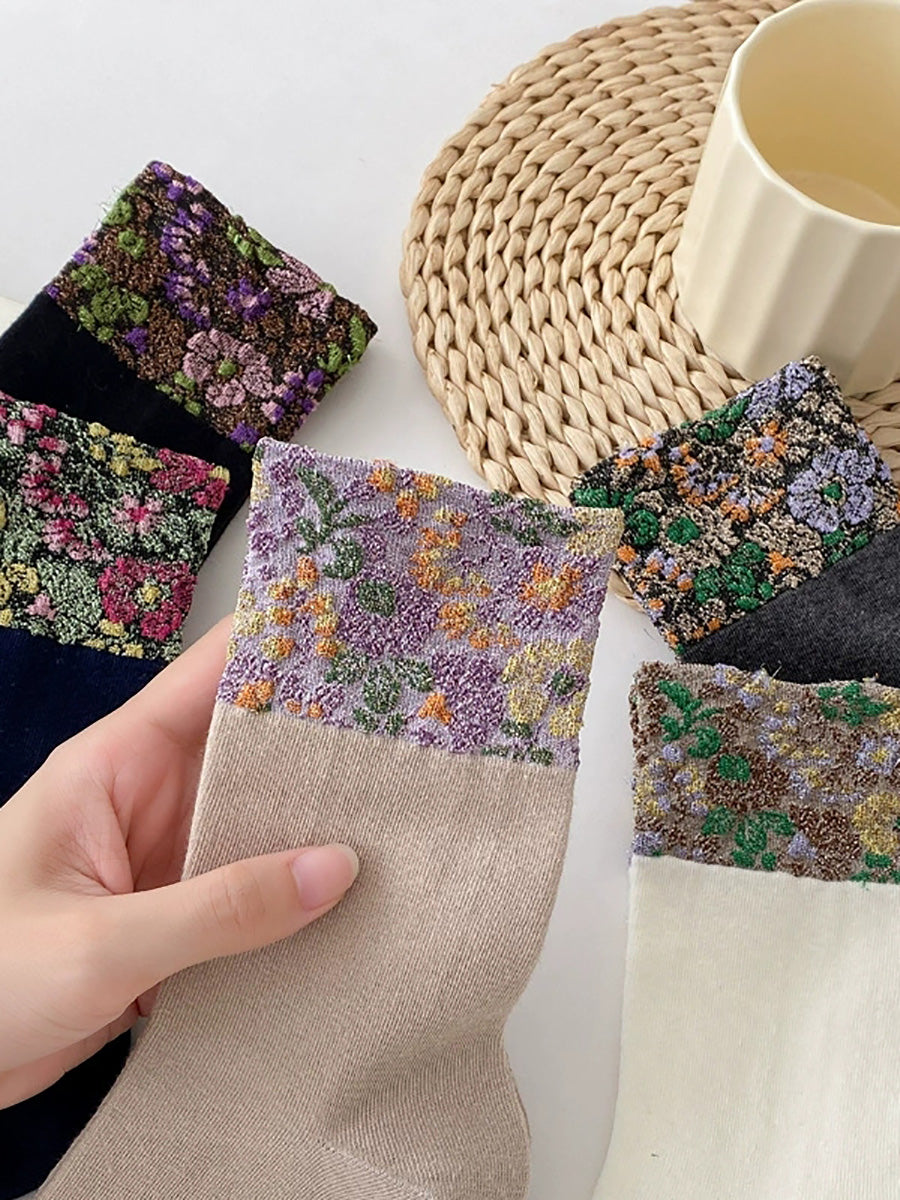 5 Pairs Women Vintage Winter Flower Jacquard Socks