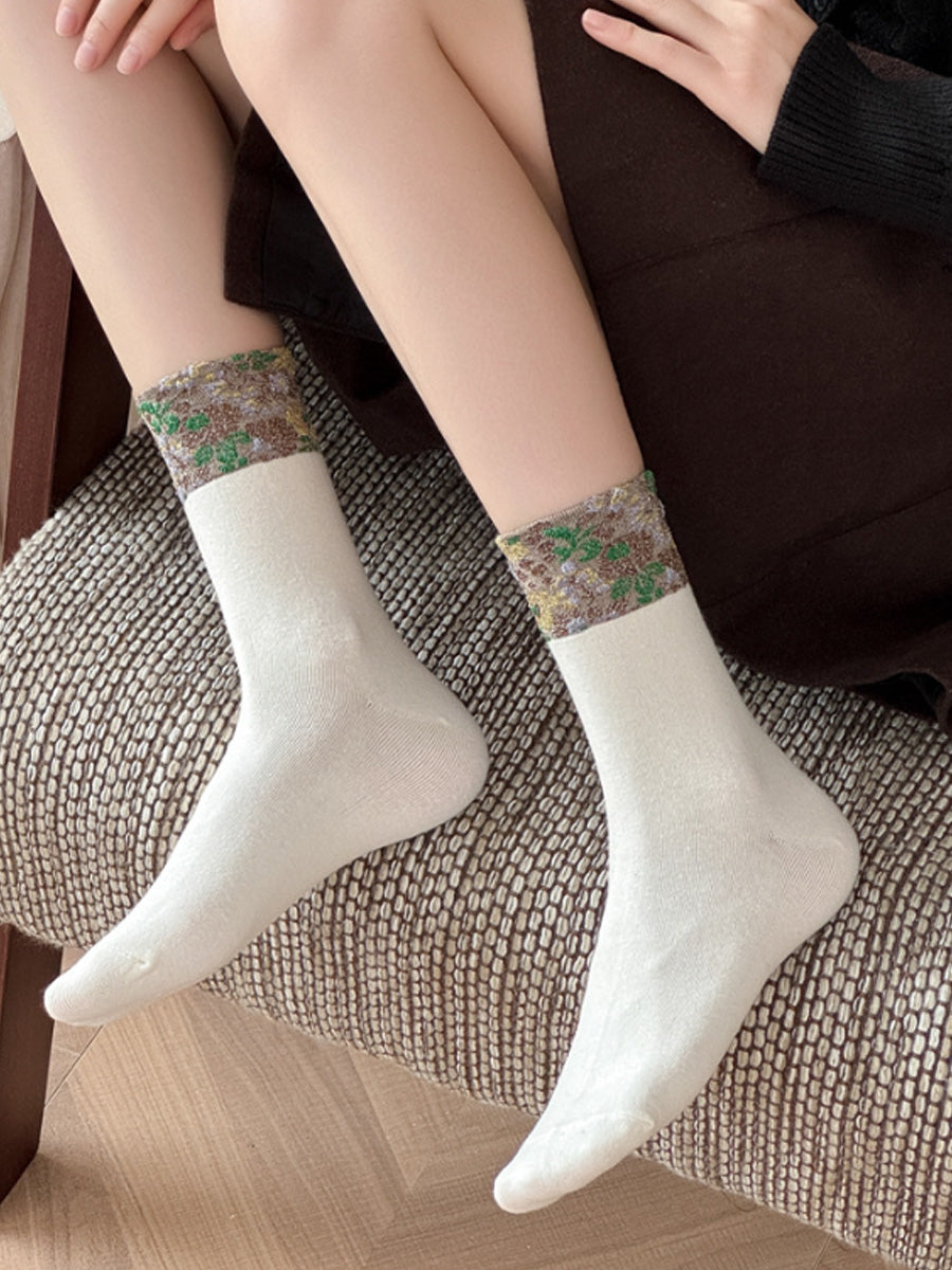 5 Pairs Women Vintage Winter Flower Jacquard Socks