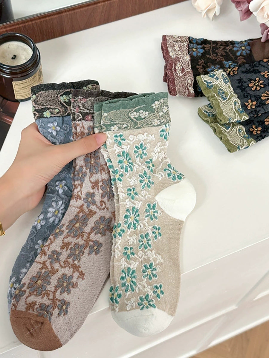 5 Pairs Women Vintage Flower Jacquard Cotton Socks