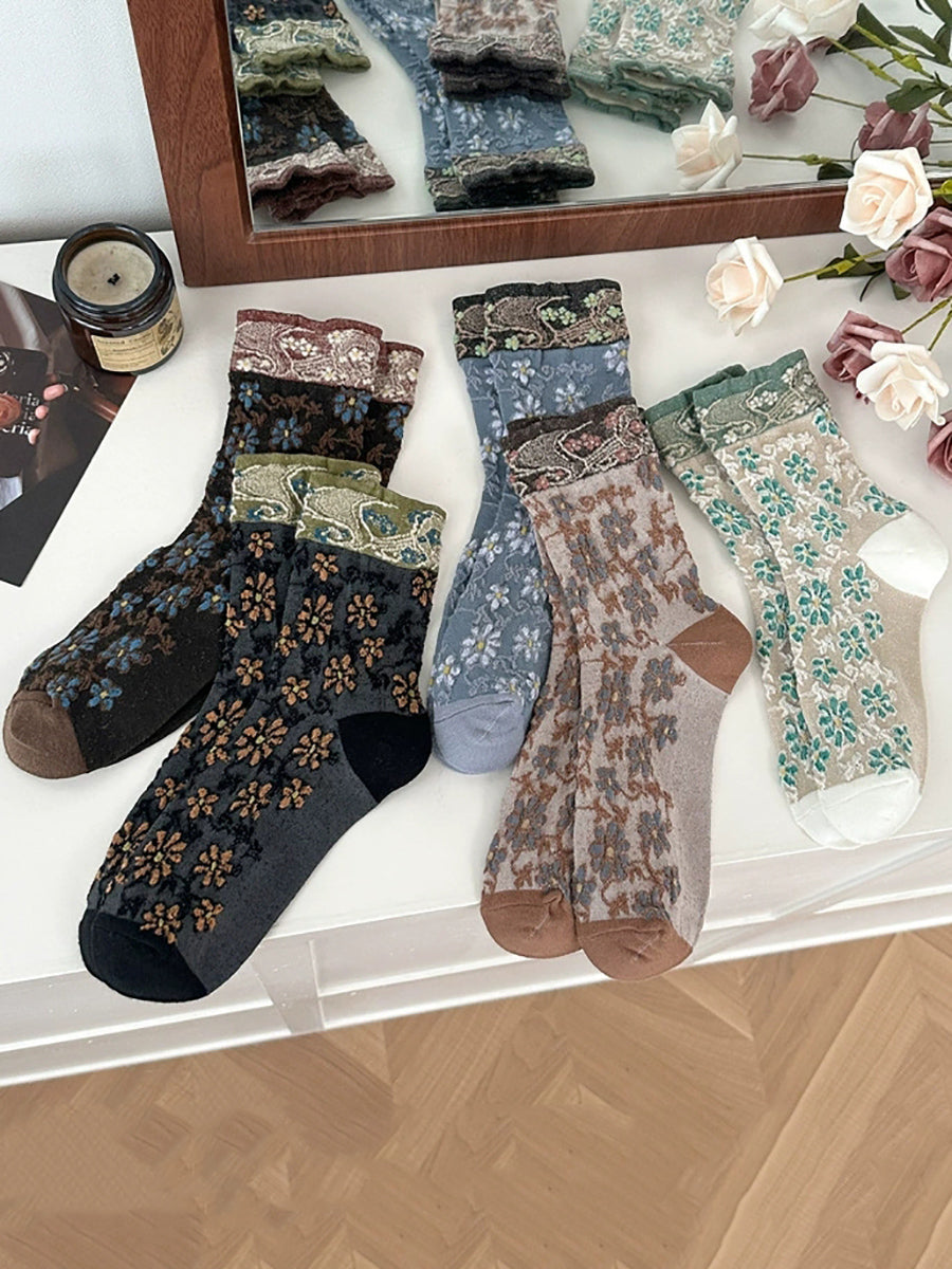 5 Pairs Women Vintage Flower Jacquard Cotton Socks