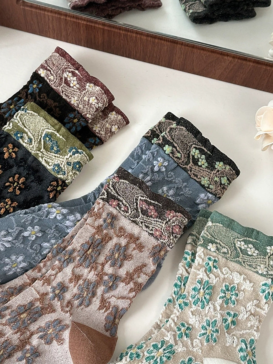 5 Pairs Women Vintage Flower Jacquard Cotton Socks