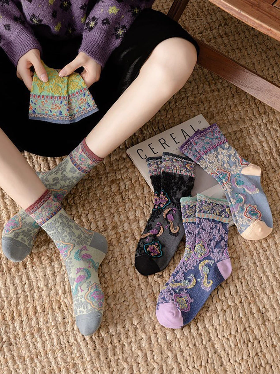 5 Pairs Women Vintage Flower Jacquard Socks