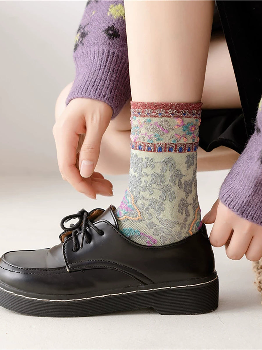 5 Pairs Women Vintage Flower Jacquard Socks